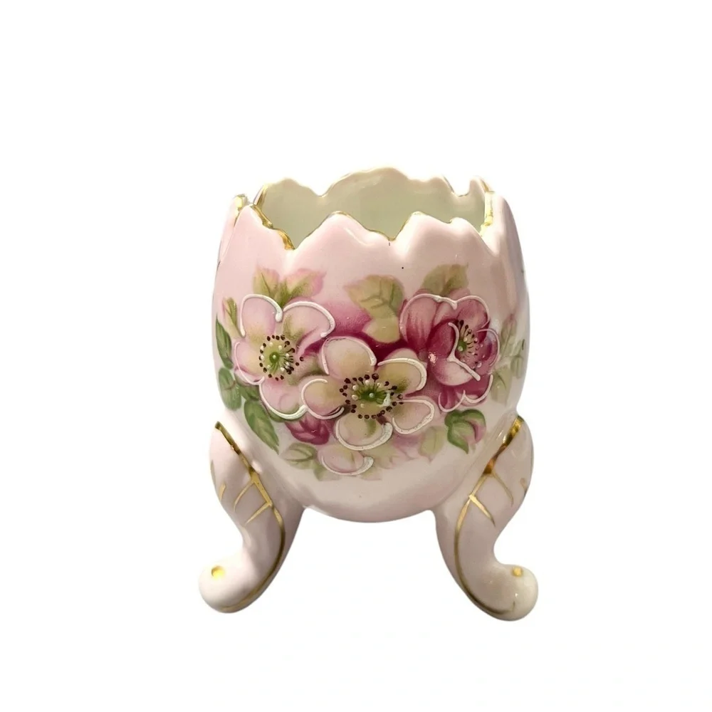 Inarco Vintage 1962 Three Footed Porcelain Egg Vase Pink/Green